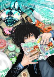 Rule 34 | 1boy, black hair, black jacket, blue eyes, blue shirt, bug, can, doughnut, drink can, fate/grand order, fate (series), fly, food, insect, jacket, lying, manga (object), oberon (fate), oberon (moody summer oberon) (fate), oberon (third ascension) (fate), official alternate costume, official art, on back, pocky, shirt, snack, soda can, umino chika, wings
