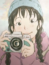 Rule 34 | 1girl, aiming, aiming at viewer, beanie, blue hat, blush, braid, brown eyes, brown hair, camera, coat, commentary, grey background, hat, head tilt, highres, holding, holding camera, knit hat, lips, long hair, looking at viewer, monodevil, original, purple coat, smile, solo, taking picture, twin braids, upper body