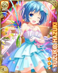 Rule 34 | 1girl, blue eyes, blue hair, bow, card (medium), character name, confetti, dress, evening gown, girlfriend (kari), green bow, hair bow, hazuki yuzuko, indoors, night, official art, one eye closed, open mouth, qp:flapper, shoes, short hair, smile, socks, solo, standing, tagme, white dress