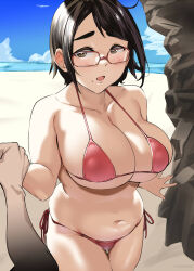 Rule 34 | 1girl, absurdres, beach, bikini, blue sky, blush, breasts, brown eyes, cloud, day, glasses, highres, holding hands, jimiko, large breasts, looking at viewer, mole, mole under mouth, navel, open mouth, original, outdoors, plump, q haruka999, red-framed eyewear, red bikini, side-tie bikini bottom, sky, standing, swimsuit, thick eyebrows