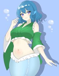 Rule 34 | 1girl, adapted costume, blue background, blue eyes, blue hair, blush, bubble, closed mouth, fins, head fins, highres, looking at viewer, mermaid, monster girl, one-hour drawing challenge, shirokumall, short hair, simple background, smile, solo, touhou, upper body, wakasagihime