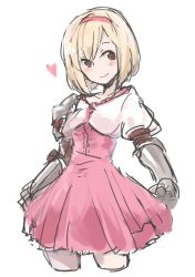 Rule 34 | 10s, 1girl, bad id, bad twitter id, blonde hair, blush, brown eyes, collarbone, cropped legs, djeeta (granblue fantasy), dress, fighter (granblue fantasy), granblue fantasy, hairband, heart, long sleeves, looking away, pink dress, sherad, short hair, simple background, sketch, smile, solo, white background