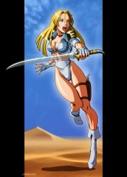 Rule 34 | 1girl, blonde hair, blue eyes, boots, breasts, cleavage, desert, fingerless gloves, gloves, golden axe, golden axe: the duel, highres, jewelry, long hair, midriff, milan flare, open mouth, sega, shoulder pads, solo, sword, weapon, zabzarock