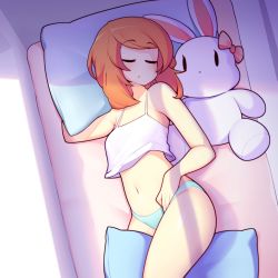 Rule 34 | 1girl, absurdres, ass, bed, blue panties, bow, bra, brown hair, closed eyes, closed mouth, facing viewer, fizintine, highres, holding, holding pillow, indoors, luna (fizintine), lying, navel, on side, original, panties, pillow, pink bow, short hair, sleeping, sleepwear, solo, stuffed animal, stuffed rabbit, stuffed toy, swept bangs, underwear, underwear only, white bra