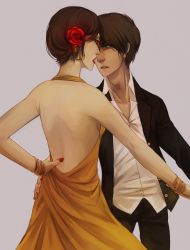 Rule 34 | 1boy, 1girl, back, backless dress, backless outfit, bad id, bad pixiv id, bangle, bare back, bracelet, brown eyes, brown hair, couple, dress, earrings, eren yeager, eye contact, eyeshadow, flower, forehead-to-forehead, formal, freckles, from behind, green eyes, hair flower, hair ornament, holding hands, hand on own hip, heads together, hetero, highres, imminent kiss, jewelry, lips, lipstick, looking at another, makeup, nail polish, open clothes, open mouth, open shirt, pants, rose, sang (bloodredbites), shingeki no kyojin, shirt, short hair, strapless, strapless dress, suit, teeth, torso grab, yellow dress, ymir (shingeki no kyojin)