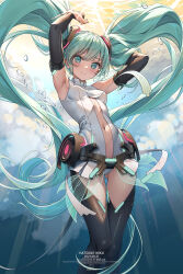 Rule 34 | 1girl, absurdly long hair, aqua eyes, aqua hair, armpits, arms up, bare shoulders, birthday, breasts, bridal gauntlets, center opening, closed mouth, elbow gloves, feet out of frame, gloves, gluteal fold, hatsune miku, hatsune miku (append), highres, hip gear, kuro-kun (nablack), long hair, looking at viewer, medium breasts, midriff, navel, necktie, small breasts, smile, solo, swept bangs, thigh gap, thighhighs, twintails, underwater, very long hair, vocaloid, vocaloid append