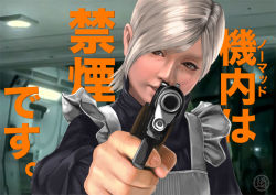 Rule 34 | 1girl, aiming, aiming at viewer, aircraft, airplane, bad end, brown eyes, bururururu, child, door, dress, gun, handgun, holding, holding gun, holding weapon, japanese text, m1911, maid, metal gear (series), metal gear solid 4: guns of the patriots, parody, pistol, realistic, silver hair, solo, sunny gurlukovich, text focus, translation request, weapon