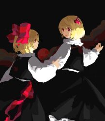 Rule 34 | 2girls, black skirt, black vest, blonde hair, clothes grab, commentary request, dual persona, hair ribbon, highres, kaigen 1025, long sleeves, moon, multiple girls, night, open mouth, red eyes, red moon, red ribbon, ribbon, rumia, shirt, short hair, skirt, sleeve grab, smile, touhou, vest, white shirt