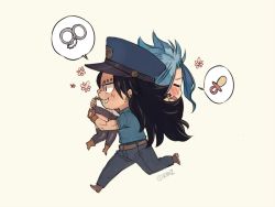 Rule 34 | 1boy, 1girl, bad id, bad tumblr id, black hair, blue hair, blush, carrying, carrying over shoulder, chibi, couple, fairy tail, gajeel redfox, hat, levy mcgarden, police, police hat, police uniform, prison clothes, roleplay, rusky, simple background, smile, spiked hair, spoken object, uniform