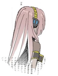 Rule 34 | 1girl, chinese text, facing away, from behind, headphones, long hair, megurine luka, pink hair, simple background, solo, tkwkai, upper body, vocaloid, white background