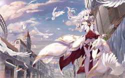 Rule 34 | 1girl, asa ni haru, bare shoulders, bird, blue eyes, blue sky, breasts, building, city, closed mouth, cloud, day, detached sleeves, dress, expressionless, feathers, floating hair, hair between eyes, hair ornament, hair over shoulder, highres, honkai (series), honkai impact 3rd, layered dress, long hair, looking away, low ponytail, outdoors, panties, see-through, sidelocks, silver hair, sky, solo, storefront, theresa apocalypse, theresa apocalypse (celestial hymn), thighhighs, underwear, veil, white panties, white thighhighs, wind, wind lift