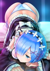 Rule 34 | 1girl, ass, ass focus, black dress, black ribbon, blue eyes, blue hair, bow, breasts, closed mouth, clothes lift, commentary request, detached sleeves, dress, dress lift, female focus, frilled dress, frilled sleeves, frills, hair ornament, hair over one eye, hair ribbon, highres, indoors, lying, maid, maid headdress, matching hair/eyes, medium breasts, neck ribbon, on bed, on stomach, panties, re:zero kara hajimeru isekai seikatsu, rem (re:zero), resolution mismatch, ribbon, roswaal mansion maid uniform, short hair, side-tie panties, solo, source larger, takapin, underwear, white bow, wooden floor, x hair ornament