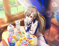 Rule 34 | 1girl, blue bow, blue bowtie, bow, bowtie, brown hair, candy, eydis (sao), food, game cg, gloves, hair between eyes, hair ornament, head rest, indoors, jacket, lens flare, lollipop, long hair, long sleeves, pants, ponytail, red eyes, shirt, sitting, solo, striped bow, striped bowtie, striped clothes, sunlight, sword art online, very long hair, white gloves, white jacket, white pants, white shirt, wooden floor