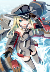 Rule 34 | 10s, 1girl, :d, bare shoulders, bismarck (kancolle), brown gloves, cross, detached sleeves, gloves, gotyou, grey thighhighs, hand on headwear, hat, iron cross, kantai collection, long hair, long sleeves, machinery, military, military uniform, open mouth, peaked cap, smile, solo, thighhighs, turret, uniform, water, zettai ryouiki
