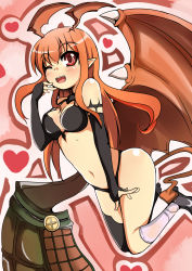 Rule 34 | 1girl, asymmetrical clothes, bare shoulders, breasts, demon girl, elbow gloves, female focus, gloves, heart, highres, horns, long hair, lord of vermilion, navel, open mouth, orange hair, pointy ears, red eyes, shi ecchi, single wing, smile, solo, demon girl, succubus (lord of vermilion), wings, wink