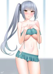 Rule 34 | 1girl, aged up, alternate breast size, aqua bikini, areola slip, bikini, black ribbon, blunt bangs, breasts, collarbone, commentary request, dated, frilled bikini, frills, grey hair, hair ribbon, highres, jewelry, kantai collection, kanzaki muyu, kasumi (kancolle), large breasts, long hair, looking at viewer, navel, ribbon, ring, side ponytail, solo, standing, swimsuit, thighs, yellow eyes