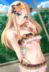 Rule 34 | 1girl, abigail williams (fate), blonde hair, blue eyes, bow, breasts, cloud, fate/grand order, fate (series), fuzzlogik, hair bow, highres, long hair, multiple hair bows, navel, orange bow, polka dot, polka dot bow, ribbon, sky, small breasts, solo, standing, swimsuit, underboob