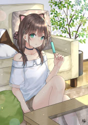 Rule 34 | 1girl, :o, bare shoulders, brown hair, brown shorts, collarbone, commentary request, couch, food, green eyes, hair between eyes, hair over shoulder, hand up, highres, holding, holding food, knee up, long hair, low twintails, miko fly, off-shoulder shirt, off shoulder, original, parted lips, pillow, plant, potted plant, shirt, short shorts, short sleeves, shorts, signature, solo, table, twintails, white shirt, wooden floor