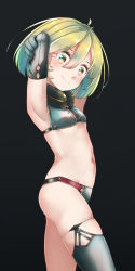 Rule 34 | 1girl, armor, arms behind head, arms up, bikini armor, black background, breasts, closed mouth, comah, commentary request, from side, green eyes, green hair, grey thighhighs, hair between eyes, highres, looking at viewer, looking to the side, navel, original, short hair, simple background, single thighhigh, skindentation, small breasts, smile, solo, thighhighs