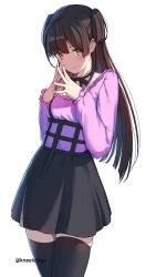 Rule 34 | 1girl, black hair, black skirt, black thighhighs, blunt bangs, blunt ends, blush, cowboy shot, fingers together, high-waist skirt, highres, idolmaster, idolmaster shiny colors, kneeichigo, light smile, looking at viewer, mayuzumi fuyuko, neck ribbon, own hands together, pink shirt, ribbon, shirt, simple background, skirt, solo, straight hair, thighhighs, two side up, white background, yellow eyes, zettai ryouiki
