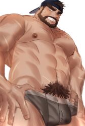 Rule 34 | 1boy, abs, arm hair, backwards hat, bara, baseball cap, beard, blush, boxer briefs, brown hair, bulge, chest hair, come hither, cowboy shot, dyzd1, excessive pubic hair, facial hair, facial scar, from below, grey male underwear, grin, hairy, hat, highres, huge eyebrows, large pectorals, leg hair, male focus, male pubic hair, male underwear, mature male, muscular, muscular male, mustache, navel, navel hair, nipples, one eye closed, original, pectorals, penis, penis peek, pubic hair, scar, scar on arm, scar on cheek, scar on face, short hair, smile, solo, thick thighs, thighs, underwear, wet, wet clothes, wet male underwear