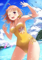 Rule 34 | 1girl, ahoge, blue sky, braid, breasts, casual one-piece swimsuit, cloud, clover hair ornament, commentary request, cowboy shot, day, dutch angle, hair ornament, highres, looking at viewer, love live!, love live! sunshine!!, medium breasts, one-piece swimsuit, one eye closed, open mouth, orange hair, outdoors, qy73, red eyes, ribbon, round teeth, short hair, side-tie swimsuit, side braid, sky, solo, splashing, standing, swimsuit, takami chika, teeth, upper teeth only, yellow ribbon, yellow one-piece swimsuit