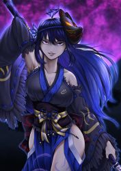 Rule 34 | 1girl, ahoge, alternate color, armpits, aura, black kimono, black sash, black sleeves, blue hair, bow, breasts, cleavage, commentary request, cookie (touhou), cowboy shot, dark aura, dark persona, detached sleeves, fox mask, frilled sleeves, frills, heart, heart ahoge, highres, indie virtual youtuber, japanese clothes, kanna (cookie), kimono, large breasts, long hair, looking at viewer, mask, mask on head, nontraditional miko, obi, parasite oyatsu, red eyes, ribbon-trimmed sleeves, ribbon trim, sash, smile, solo, striped, striped bow, virtual youtuber, yellow bow