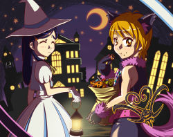 Rule 34 | 00s, 2girls, adapted costume, animal ears, bell, black gloves, blue hair, candy, city, cure black, cure white, dress, eating, eyelashes, closed eyes, food, futari wa precure, futari wa precure max heart, gloves, hair ornament, hairclip, halloween, halloween costume, happy, hat, kemonomimi mode, lamp, long hair, looking at viewer, misumi nagisa, moon, multiple girls, navex, orange eyes, orange hair, precure, puffy sleeves, short hair, smile, tail, white dress, white gloves, witch, witch hat, yukishiro honoka