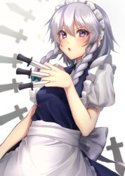 Rule 34 | 1girl, :o, apron, bad id, bad pixiv id, between fingers, blue dress, blush, bow, braid, breasts, commentary request, cowboy shot, dress, green bow, hair between eyes, hair bow, hand up, highres, holding, holding knife, holding weapon, izayoi sakuya, knife, knives between fingers, looking at viewer, maid, maid apron, maid headdress, parted lips, puffy short sleeves, puffy sleeves, purple eyes, shirt, short hair, short sleeves, silver hair, simple background, small breasts, solo, sparkle, touhou, twin braids, v-shaped eyebrows, waist apron, weapon, white apron, white background, white shirt, yayoi maka