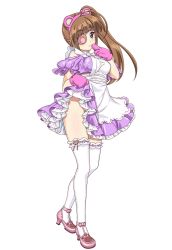 Rule 34 | 1girl, animal ears, blue eyes, brown hair, character request, clothes lift, dress, eyepatch, fake animal ears, finger to mouth, frilled thighhighs, frills, full body, lifted by self, long hair, official art, simple background, skirt, skirt lift, solo, standing, thighhighs, valkyrie drive, valkyrie drive -siren-, white thighhighs
