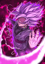 Rule 34 | 1boy, artist name, aura, baggy pants, biceps, black pants, black shirt, commentary request, dougi, dragon ball, dragon ball super, earrings, electricity, energy, energy weapon, goku black, hand up, highres, holding, holding weapon, jewelry, long sleeves, looking at viewer, male focus, muscular, muscular male, pants, parted lips, pectorals, pink hair, potara earrings, purple background, purple sash, red eyes, sash, seya (asasei 718), shirt, signature, smile, smirk, solo, spiked hair, super saiyan, super saiyan rose, v-shaped eyebrows, weapon