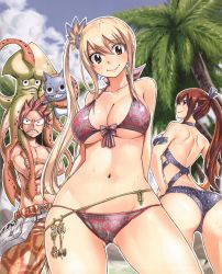 Rule 34 | 1boy, 2girls, absurdres, animal, animal on head, animal print, arm tattoo, arms behind back, ass, bikini, blonde hair, blue one-piece swimsuit, breasts, cleaned, constricted pupils, crossed arms, day, earrings, erza scarlet, fairy tail, grin, halterneck, hands on own hips, happy (fairy tail), highres, jewelry, large breasts, leopard print, long hair, looking at viewer, looking back, lucy heartfilia, male swimwear, mashima hiro, multiple girls, natsu dragneel, navel, non-web source, official art, on head, one-piece swimsuit, orange male swimwear, orange swim trunks, outdoors, outline, palm tree, print bikini, print male swimwear, print one-piece swimsuit, print swim trunks, print swimsuit, red hair, scan, side ponytail, smile, spiked hair, string bikini, striped bikini, striped clothes, sweat, swim trunks, swimsuit, tattoo, tree, white outline
