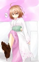 Rule 34 | 1girl, ahoge, arm sling, breasts, brown eyes, brown hair, cast, chocolate, chocolate on body, chocolate on foot, closed mouth, commentary request, couch, dress, feet, food on body, foot focus, foot out of frame, hair between eyes, heart, i.u.y, large breasts, light blush, long dress, long sleeves, looking at viewer, medium hair, misaka worst, on couch, single barefoot, sitting, smile, solo, speech bubble, toaru majutsu no index, toaru majutsu no index: new testament, vietnamese dress, white dress
