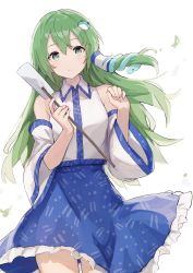 Rule 34 | 1girl, absurdres, blue skirt, closed mouth, collared shirt, cowboy shot, detached sleeves, frog hair ornament, gohei, green eyes, green hair, hair ornament, hair tubes, highres, holding, kochiya sanae, long hair, looking at viewer, nontraditional miko, shiratakiseaice, shirt, simple background, skirt, snake hair ornament, solo, standing, touhou, white background, white shirt, wide sleeves