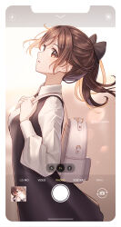 Rule 34 | 1girl, backlighting, backpack, bag, black bow, black bowtie, black dress, blurry, blush, bokeh, bow, bowtie, breasts, brown eyes, brown hair, carrying bag, collared shirt, cowboy shot, depth of field, dress, english text, facing to the side, hair bow, highres, holding strap, huyunora, light particles, looking at viewer, original, parted lips, shirt, small breasts, solo, sunlight, viewfinder, white shirt, wind