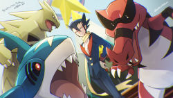Rule 34 | 1boy, black hair, black jacket, black pants, buttons, commentary request, creatures (company), elite four, game freak, gen 2 pokemon, gen 3 pokemon, gen 5 pokemon, grimsley (pokemon), hair between eyes, hand on own hip, highres, jacket, krookodile, long scarf, long sleeves, looking at viewer, male focus, momoji (lobolobo2010), nintendo, outdoors, pants, parted lips, pokemon, pokemon (creature), pokemon bw, pokemon masters ex, scarf, sharpedo, smile, spiked hair, standing, translation request, tyranitar, yellow scarf