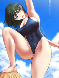 Rule 34 | 1boy, 1girl, armpits, blonde hair, blue one-piece swimsuit, breasts, cameltoe, cleavage, cloud, cloudy sky, collarbone, covered erect nipples, covered navel, dark green hair, feet, foot on head, fubuki (one-punch man), genos, green eyes, head tilt, highleg, highres, large breasts, linea alba, navel, one-piece swimsuit, one-punch man, school swimsuit, short hair, sky, solo focus, studiotagata, swimsuit, thighs, wet