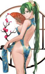 Rule 34 | 1girl, ass, back, bare back, bare shoulders, blue dress, blush, breasts, dress, earrings, female focus, fire emblem, fire emblem: the blazing blade, flower pot, folding fan, green eyes, green hair, hair ornament, hand fan, high ponytail, highres, holding, holding fan, j@ck, jewelry, large breasts, long hair, looking at viewer, lyn (fire emblem), matching hair/eyes, nintendo, no bra, no panties, pelvic curtain, ponytail, revealing clothes, simple background, smile, solo, thighs, white background