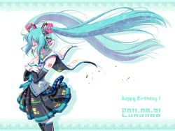 Rule 34 | 1girl, aqua hair, closed eyes, female focus, floating hair, hatsune miku, headphones, long hair, lunamoon, music, necktie, profile, singing, skirt, solo, song name, thighhighs, twintails, very long hair, vocaloid, white background