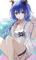 Rule 34 | 1girl, absurdres, alternate costume, arknights, bikini, blue hair, breasts, ch&#039;en (arknights), cleavage, collar, criss-cross halter, detached collar, dragon horns, feet out of frame, food, halterneck, hands up, highres, holding, holding food, holding ice cream, horns, ice cream, innertube, long hair, low twintails, medium breasts, popsicle, qianzhu, simple background, sitting, solo, swim ring, swimsuit, thigh strap, twintails, water, watermelon bar, white background, white bikini, white collar