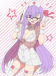 Rule 34 | 1girl, bb (bb shot!) (fate), bb (fate), blush, breasts, choker, cleavage, collarbone, dress, fate/grand order, fate (series), glasses, hair ribbon, hat, highres, large breasts, long hair, looking at viewer, nurse cap, one eye closed, open mouth, pink ribbon, purple eyes, purple hair, ribbon, robina, short dress, short sleeves, smile, solo, syringe, thighhighs, thighs, very long hair, w, white choker, white dress, white hat, white thighhighs, wrist cuffs