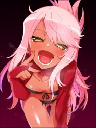 Rule 34 | 1girl, breasts, chloe von einzbern, dark-skinned female, dark skin, fang, fate/grand order, fate/kaleid liner prisma illya, fate (series), female focus, half-closed eyes, head tilt, hirase yuu, long hair, looking at viewer, one side up, open mouth, orange eyes, pink hair, pov, small breasts, solo, tongue, tongue out, yellow eyes