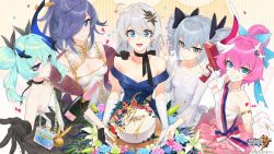 Rule 34 | 5girls, :d, ahoge, armlet, bag, bare shoulders, birthday cake, black bow, black dress, black gloves, black ribbon, blue bow, blue dress, blue eyes, blue flower, blue hair, blue horns, bottle, bow, breasts, bronya zaychik, brown eyes, cake, cash cannon, chain, choker, cleavage, closed mouth, collarbone, commentary request, crossed bangs, curtains, detached sleeves, double bun, dress, dress flower, drill hair, earrings, english text, finger counting, flower, food, fu hua, fur (clothing), fur trim, gloves, green flower, grey hair, hair between eyes, hair bow, hair bun, hair flower, hair ornament, hair over one eye, hairpin, half gloves, hand on another&#039;s shoulder, hand on hand, hand up, handbag, holding, holding bottle, holding cake, holding food, honkai (series), honkai impact 3rd, horns, jewelry, kiana kaslana, ladic, leaf, light blue hair, liliya olenyeva, logo, long hair, looking at viewer, medium breasts, medium hair, multicolored horns, multiple girls, necklace, off-shoulder dress, off shoulder, official art, open mouth, outstretched arm, pearl necklace, petals, pink dress, pink flower, pink hair, pink horns, plate, purple eyes, purple hair, reaching, reaching towards viewer, ribbon, ribbon choker, rozaliya olenyeva, siblings, single hair bun, single horn, sisters, small breasts, smile, standing, striped wall, teeth, twin drills, two-tone background, two-tone dress, wall, watermark, white background, white curtains, white dress, white flower, white gloves, white hair, white horns, wine bottle, yellow background
