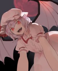 Rule 34 | 1girl, bat wings, collar, collared dress, commentary request, constricted pupils, dress, dress shirt, fangs, frilled collar, frills, from below, full moon, hat, highres, kerok (joniko1110), leaning forward, leaning on person, light purple hair, mob cap, moon, night, one-hour drawing challenge, open mouth, outstretched arms, pink dress, puffy short sleeves, puffy sleeves, red eyes, red moon, remilia scarlet, sharp teeth, shirt, short hair, short sleeves, silver hair, sky, solo, spread wings, teeth, touhou, wings