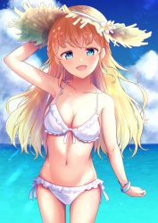 Rule 34 | 1girl, bikini, blonde hair, blue eyes, blue sky, bracelet, breasts, cleavage, cloud, commentary request, cowboy shot, day, frilled bikini, frills, hat, holding, holding clothes, holding hat, horizon, jewelry, junineu, long hair, looking at viewer, medium breasts, navel, ocean, original, outdoors, sky, smile, solo, standing, straw hat, sun hat, swimsuit, white bikini