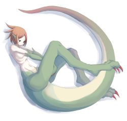Rule 34 | 1girl, 4138, breasts, claws, female focus, full body, lying, monster girl, navel, no nipples, nude, on side, original, pale skin, ribs, simple background, small breasts, solo, tail, white background