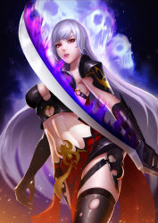 Rule 34 | 1girl, absurdly long hair, absurdres, black gloves, black thighhighs, blush, breasts, cleavage, cowboy shot, dark templar (dungeon and fighter), dungeon and fighter, elbow gloves, eyebrows, female slayer (dungeon and fighter), gloves, highres, holding, holding sword, holding weapon, large breasts, le (huanglongen), long hair, navel, parted lips, red eyes, silver hair, solo, sword, thighhighs, torn clothes, torn thighhighs, very long hair, weapon