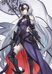 Rule 34 | 1girl, armor, black gloves, black thighhighs, breasts, chain, cleavage, elbow gloves, fate/grand order, fate (series), gauntlets, gloves, greaves, haijin, helmet, holding, holding sword, holding weapon, jeanne d&#039;arc (fate), jeanne d&#039;arc alter (avenger) (fate), jeanne d&#039;arc alter (avenger) (third ascension) (fate), jeanne d&#039;arc alter (fate), long hair, looking at viewer, popoccpo, sheath, smile, solo, sword, thighhighs, weapon, white hair, yellow eyes