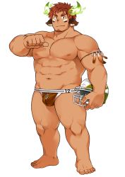 Rule 34 | 1boy, american football, american football helmet, animal ears, bara, barefoot, biceps, brown eyes, brown hair, bulge, cow boy, cow ears, cow horns, dark-skinned male, dark skin, facepaint, facial hair, feather necklace, fiery horns, forked eyebrows, full body, goatee, helmet, horns, jewelry, jockstrap, kuro nezumi inu, large pectorals, male focus, male underwear, muscular, muscular male, native american, necklace, nipples, official alternate costume, official art, pectorals, pointing, pointing at self, short hair, solo, sportswear, thick eyebrows, thighs, tokyo houkago summoners, topless male, transparent background, underwear, wakan tanka, wakan tanka (fashionista swimsuit)