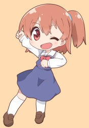 Rule 34 | 1girl, ;d, blue dress, blush, bow, bowtie, brown background, brown eyes, brown footwear, brown hair, chibi, commentary request, dress, fang, full body, hair between eyes, hoshino hinata, kneehighs, loafers, long sleeves, looking at viewer, one eye closed, one side up, open mouth, osaragi mitama, outstretched arm, pinafore dress, red bow, red bowtie, sailor collar, sailor dress, shirt, shoes, simple background, sleeveless dress, sleeves past wrists, smile, socks, solo, watashi ni tenshi ga maiorita!, white sailor collar, white shirt, white socks